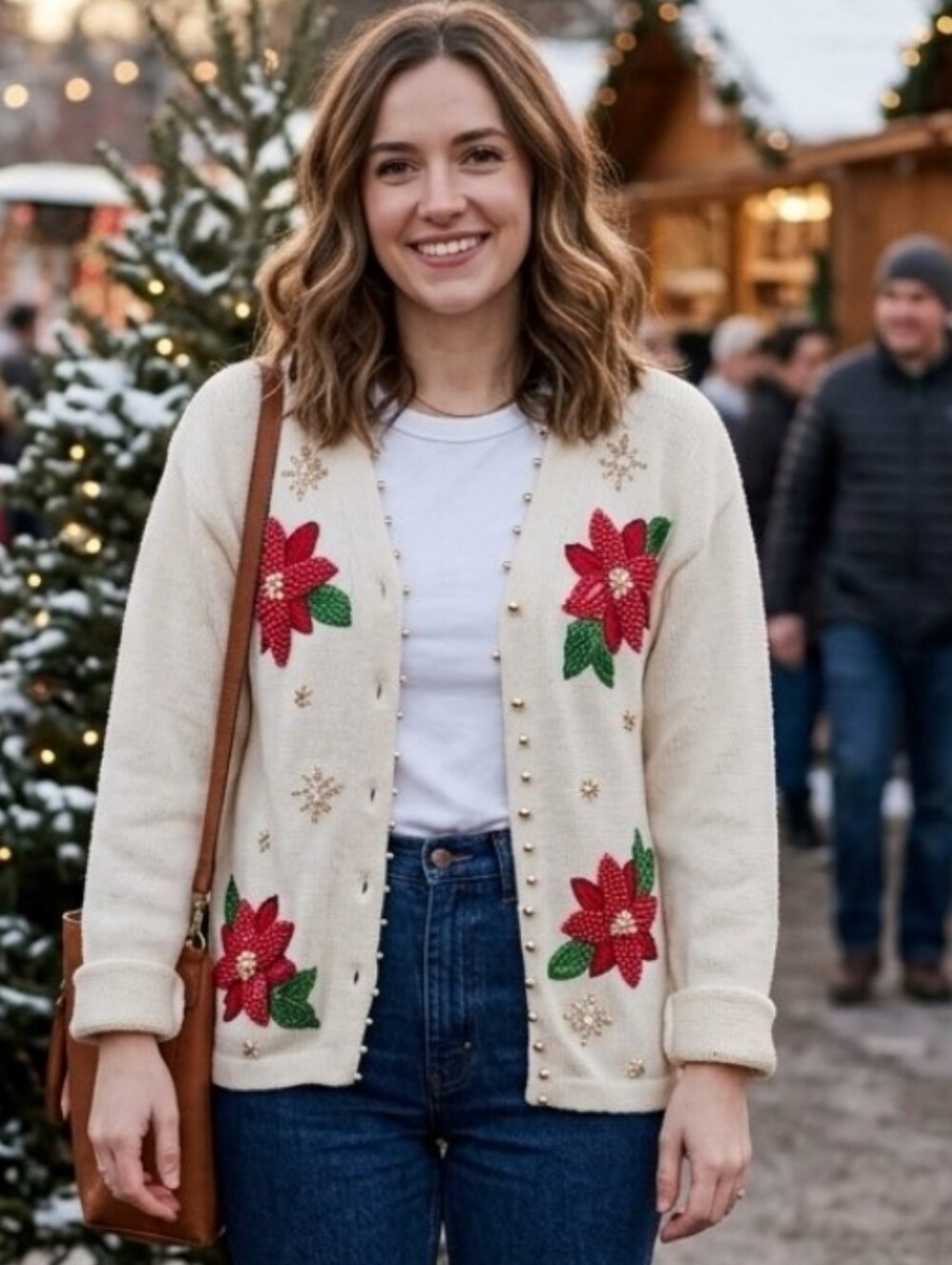 Vintage Victoria Jones Beaded Poinsettia Christmas Cardigan Sweater Size